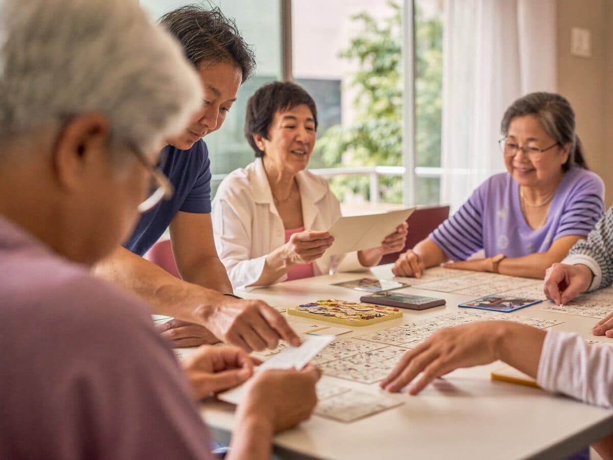 Seniors at MS Care engaged in cognitive memory and puzzle activities at a table during the THINK hour.